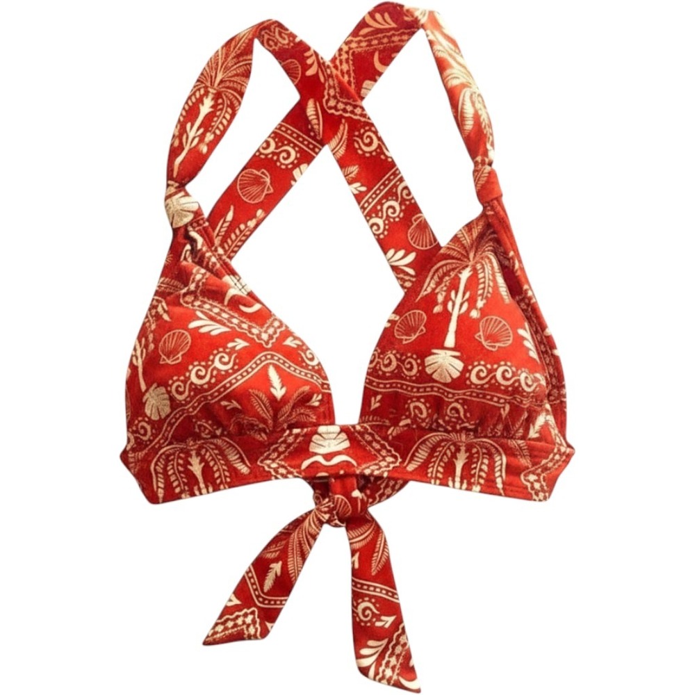 Time and Tru Womens Bikini Top XS Orange Palm Print Wrap Halter Swimwear